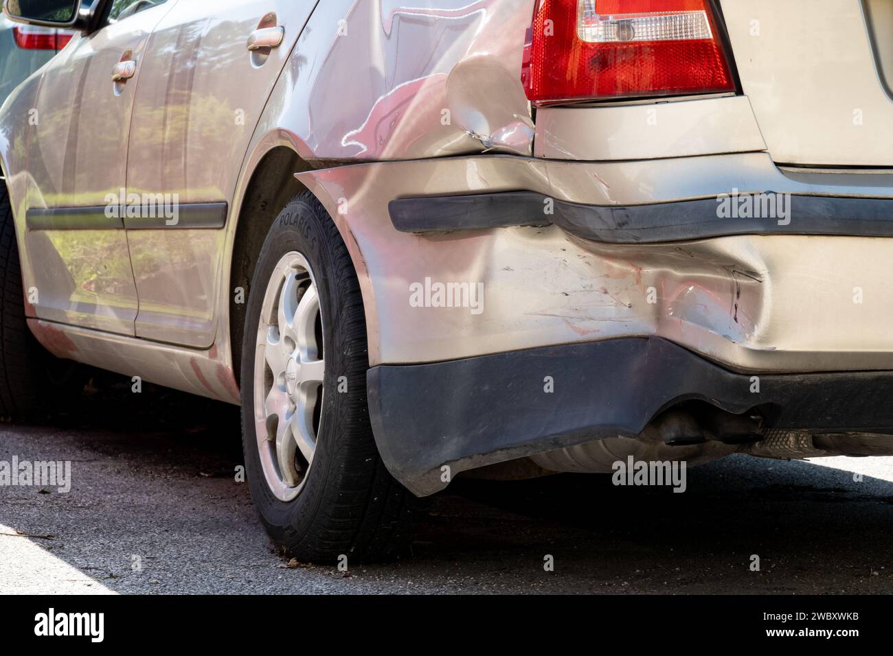 HAVIROV, CZECH REPUBLIC - AUGUST 11, 2023: Damaged rear bumper of Skoda Octavia vehicle in traffic accident Stock Photo