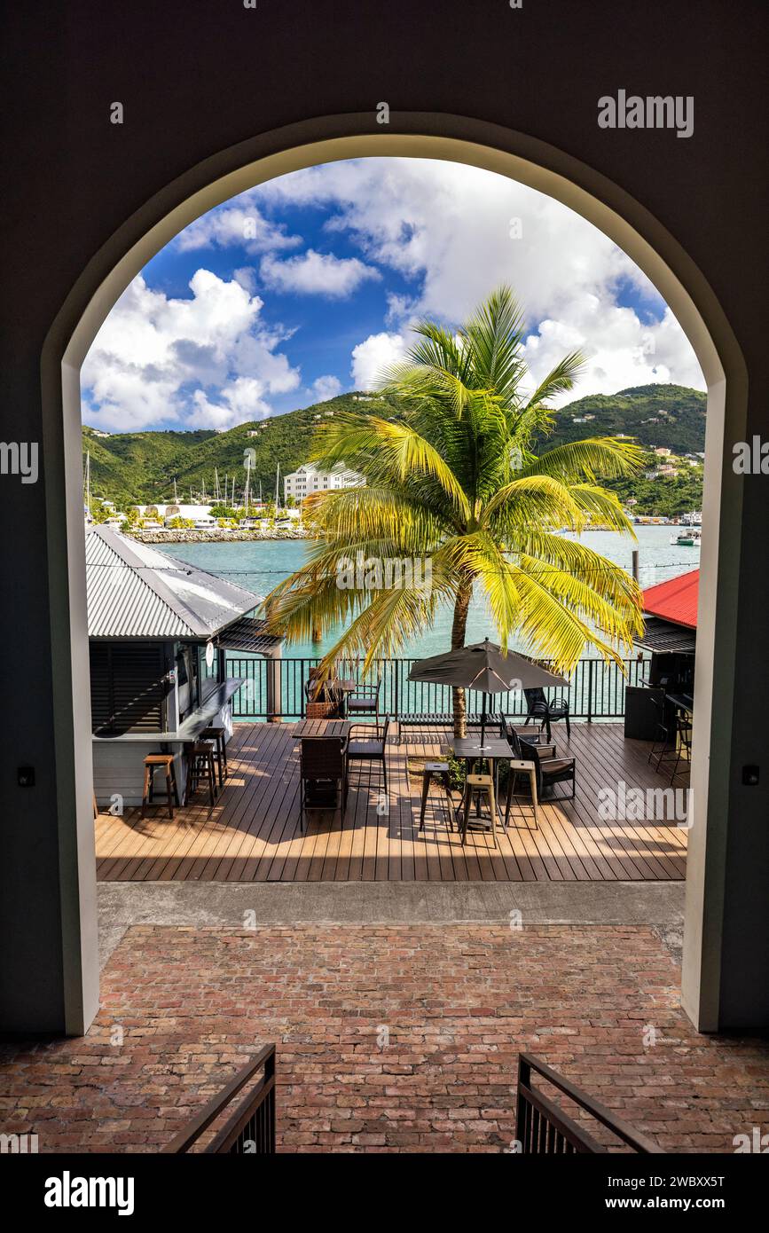 Inner Harbour views framed by archway - Cyril B. Romney Tortola Pier Park, Road Town, Tortola, British Virgin Islands Stock Photo
