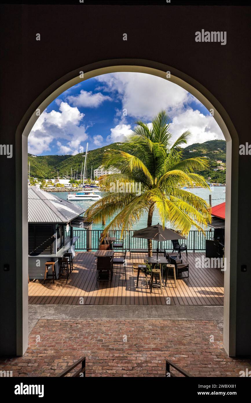 Inner Harbour views framed by archway - Cyril B. Romney Tortola Pier Park, Road Town, Tortola, British Virgin Islands Stock Photo