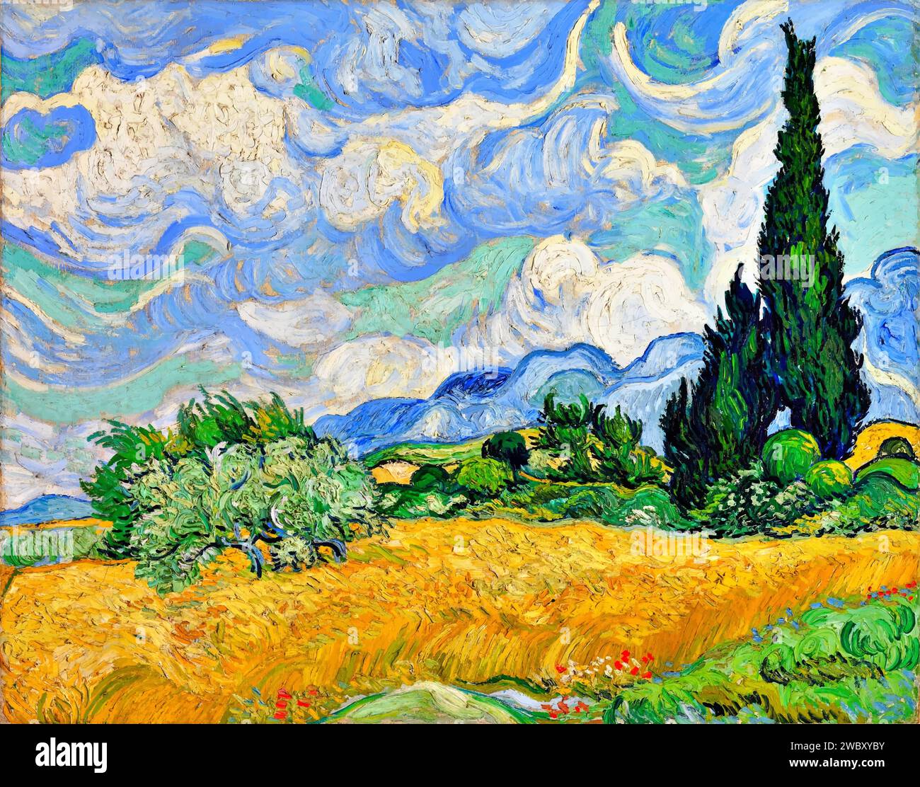 Wheat Field with Cypresses, 1889 (Painting) by Artist Gogh, Vincent van (1853-90) Dutch. Stock Vector