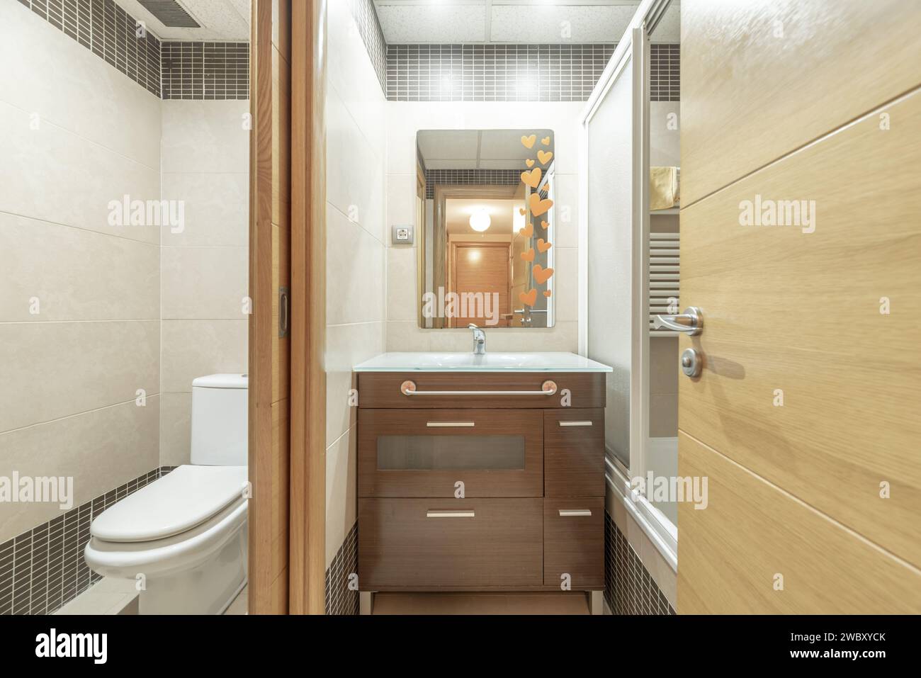 Bathroom of a house with dark wooden furniture under the mirror and a