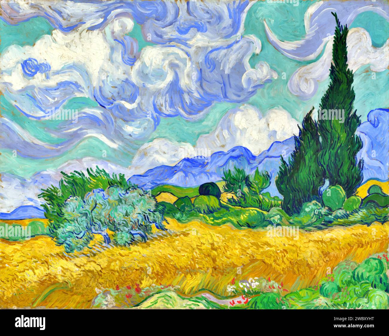 Wheatfield with Cypresses, 1889 (Painting) by Artist Gogh, Vincent van (1853-90) Dutch. Stock Vector