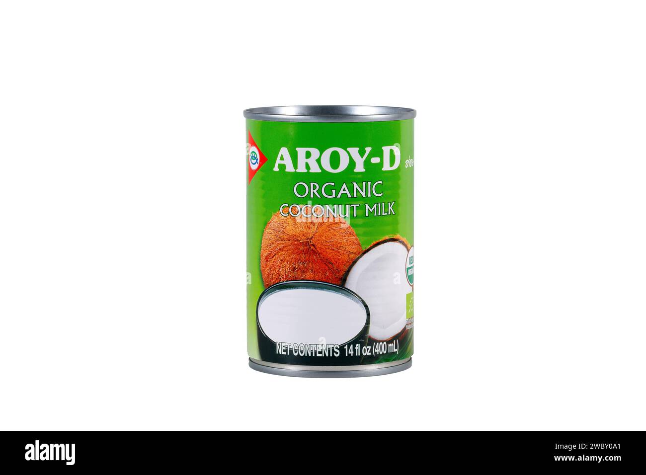 A can of Aroy-D brand Organic Coconut Milk isolated on a white background. cutout image for illustration and editorial use. Stock Photo