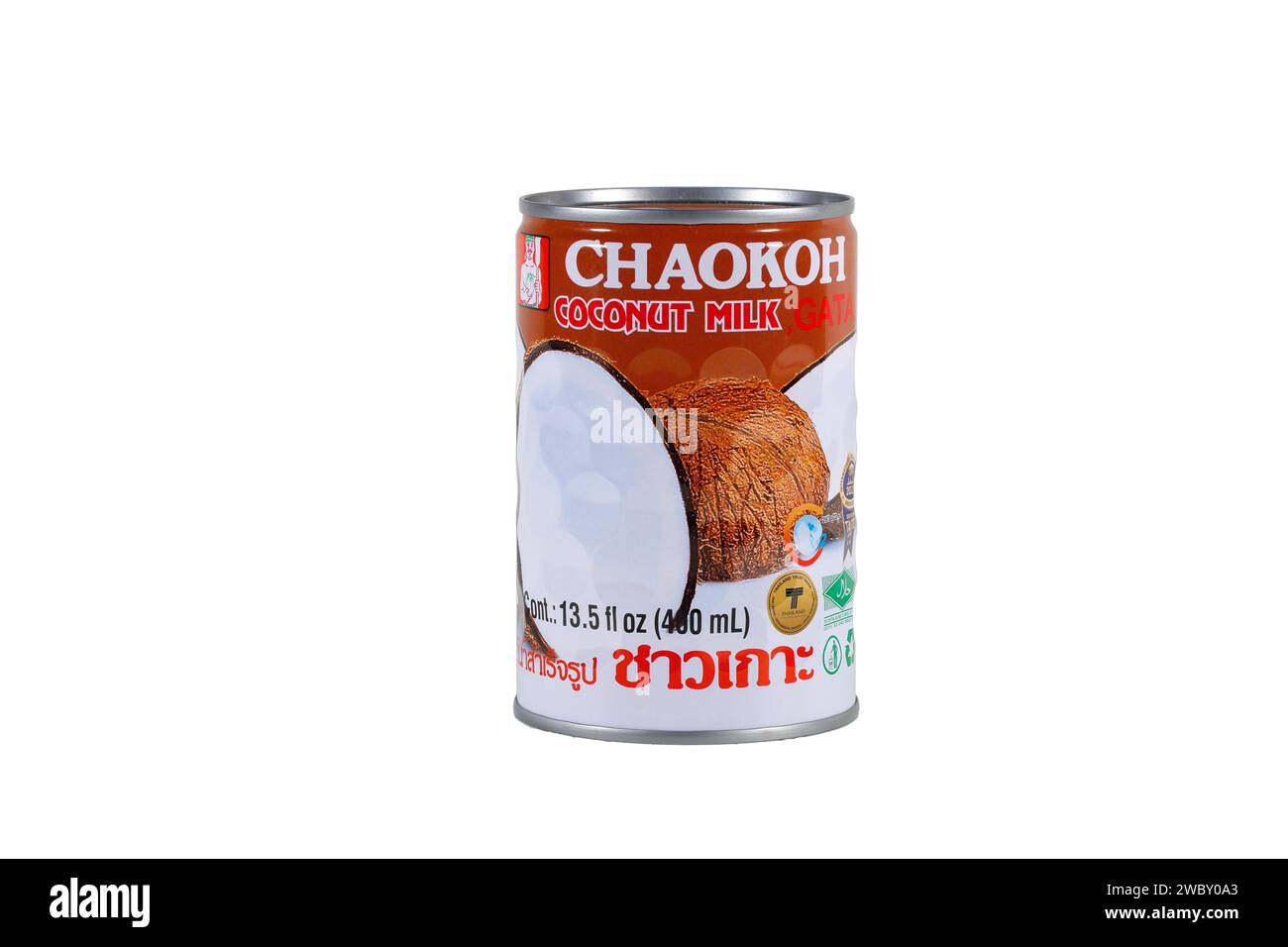 A can of Chaokoh brand Coconut Milk isolated on a white background. cutout image for illustration and editorial use. Stock Photo
