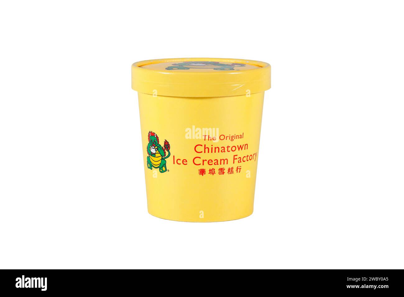 A pint sized container of Original Chinatown Ice Cream Factory ice cream 華埠雪糕行 isolated on a white background. cutout image for illustration editorial Stock Photo