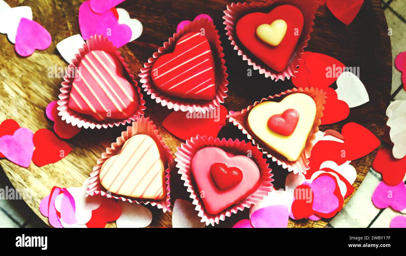 Sweets for Valentine's Day. Marzipan hearts. Stock Photo