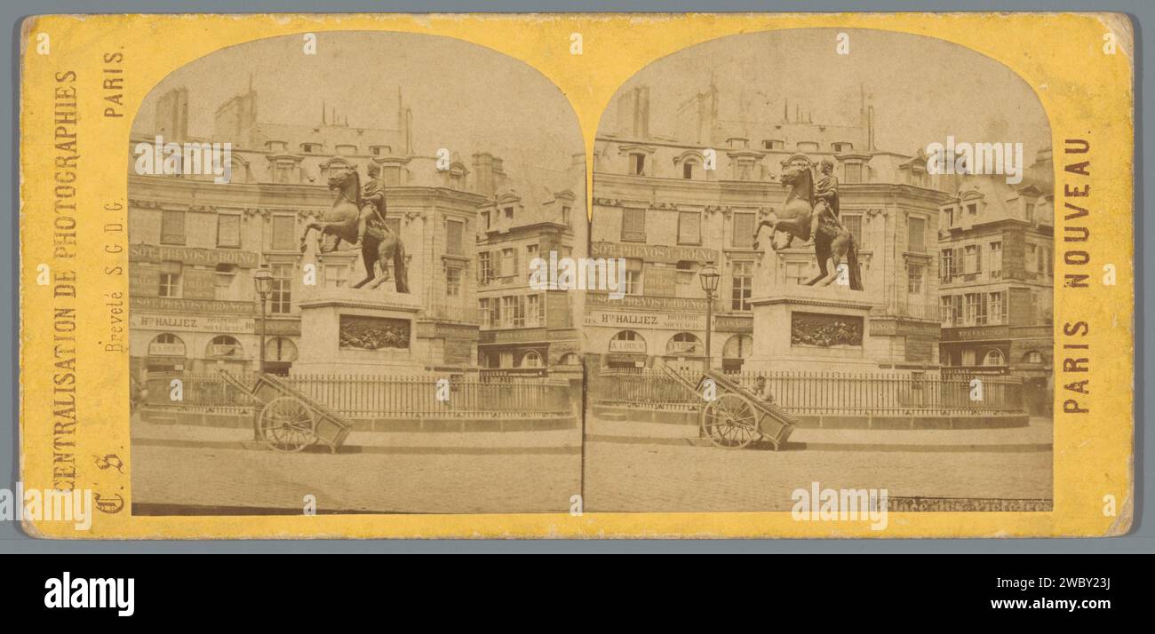 View of the Place des Victoires in Paris with a equestrian statue of Louis XIV from France, Centralization de Photographies, c. 1850 - c. 1880 stereograph  Paris photographic support. cardboard albumen print equestrian statue. square, place, circus, etc. Victories place Stock Photo