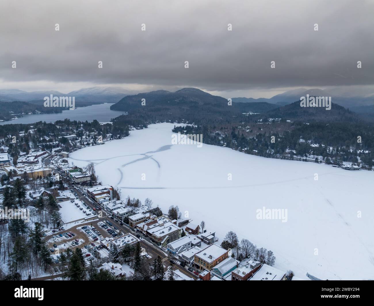 Afternoon winter aerial photo of Mirror Lake in the Village of Lake