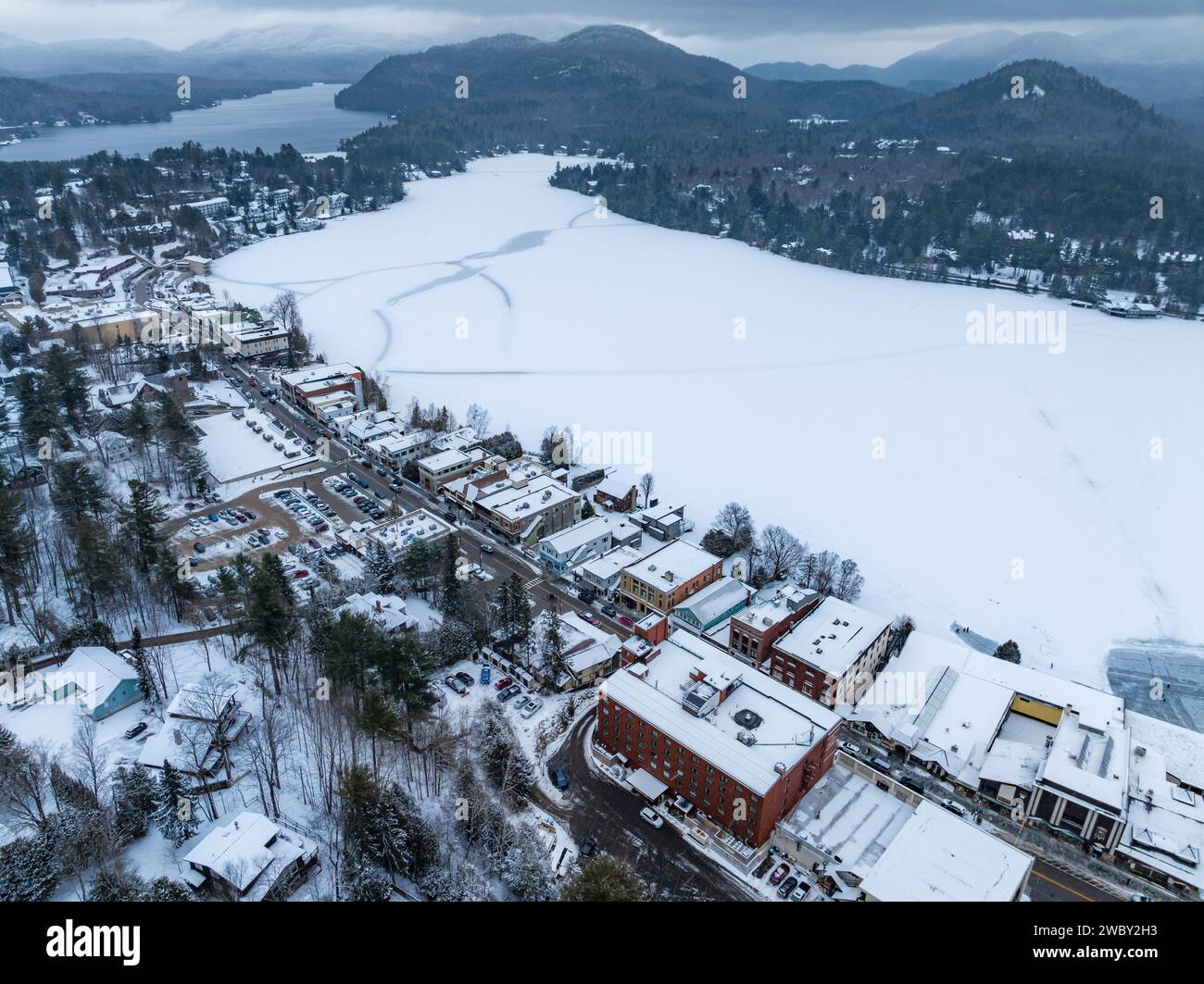 Afternoon winter aerial photo of Mirror Lake in the Village of Lake