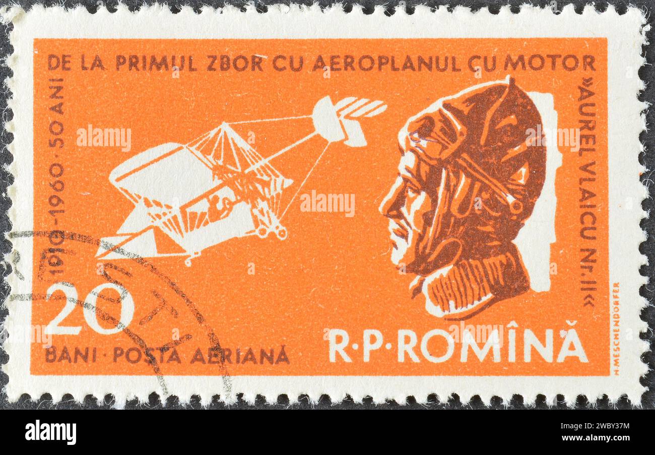 Cancelled postage stamp printed by Romania, that shows Aurel Vlaicu and Plane II, Aviation Day, circa 1960. Stock Photo