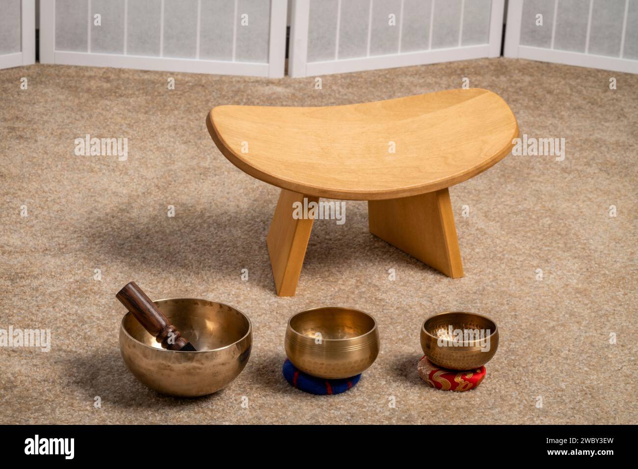 Tibetan singing bowls and meditation, kneeling bench to sit in a