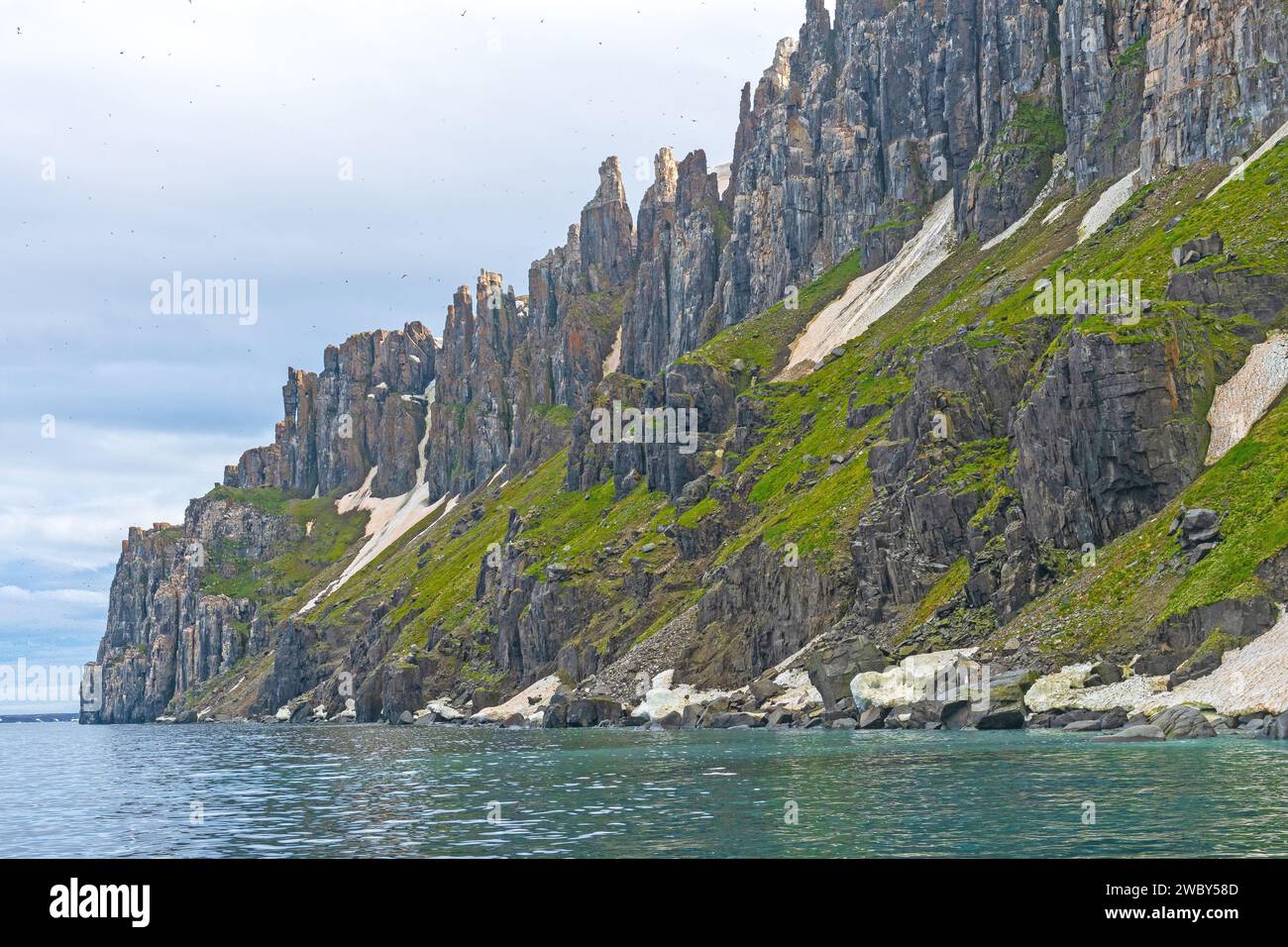 Jagged Bird Cliffs of Alkefjellet in the High Arctic of the Svalbard Islands Stock Photo