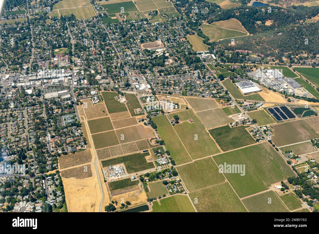 An aerial view shows the town of Healdsburg, California, surrounded by ...
