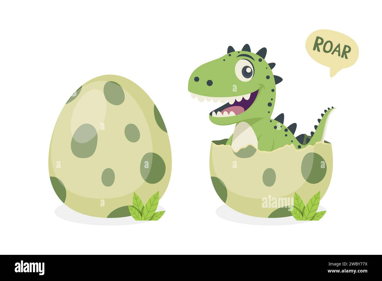 Vector Flat T-Rex Hatched From an Egg. Cartoon Smiling Happy Cute Funny Tyrannosaurus Rex Sitting in Egg. Vector Illustration Stock Vector