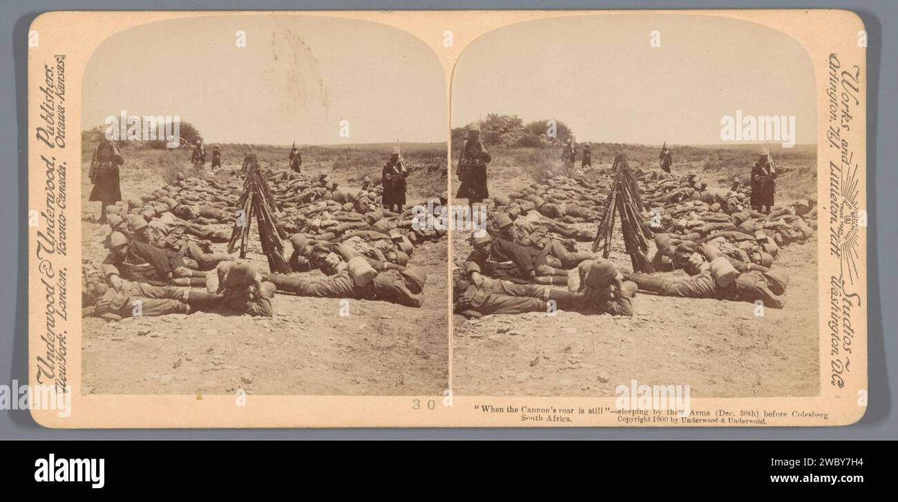 A group of British soldiers sleep next to their guns near Colesberg, December 30, Anonymous, 1900 stereograph  Colesbergpublisher: New York (city) (possibly) cardboard. paper albumen print the soldier; the soldier's life Colesberg Stock Photo