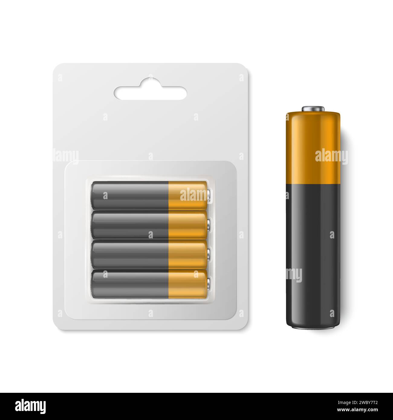 Vector 3d Realistic Four Alkaline Battery in the Paper Blister Closeup Isolated. AA Size. Design Template for Branding, Mockup Stock Vector