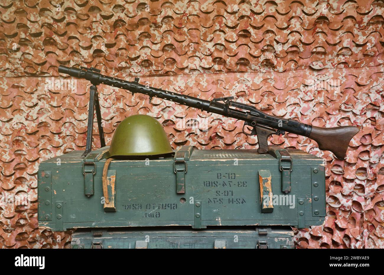 Soviet army ammunition stack of green crates with russian names of ammo ...
