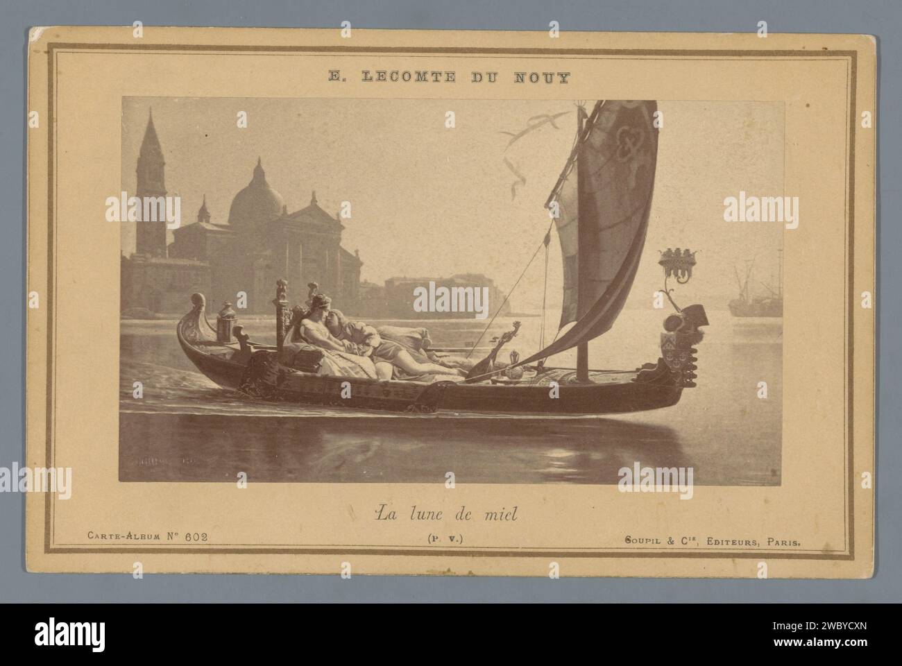 Photo production of a painting of a boat with two lovers in Venice by Jean-Jules-Antoine Lecomte du Nouÿ, Goupil & Cie., After Jean-Jules-Antoine Lecomte du Nouÿ, c. 1880 - c. 1910 cabinet photograph  Paris cardboard. photographic support albumen print wedding trip, honeymoon. rowing-boat, canoe, etc. Venice Stock Photo