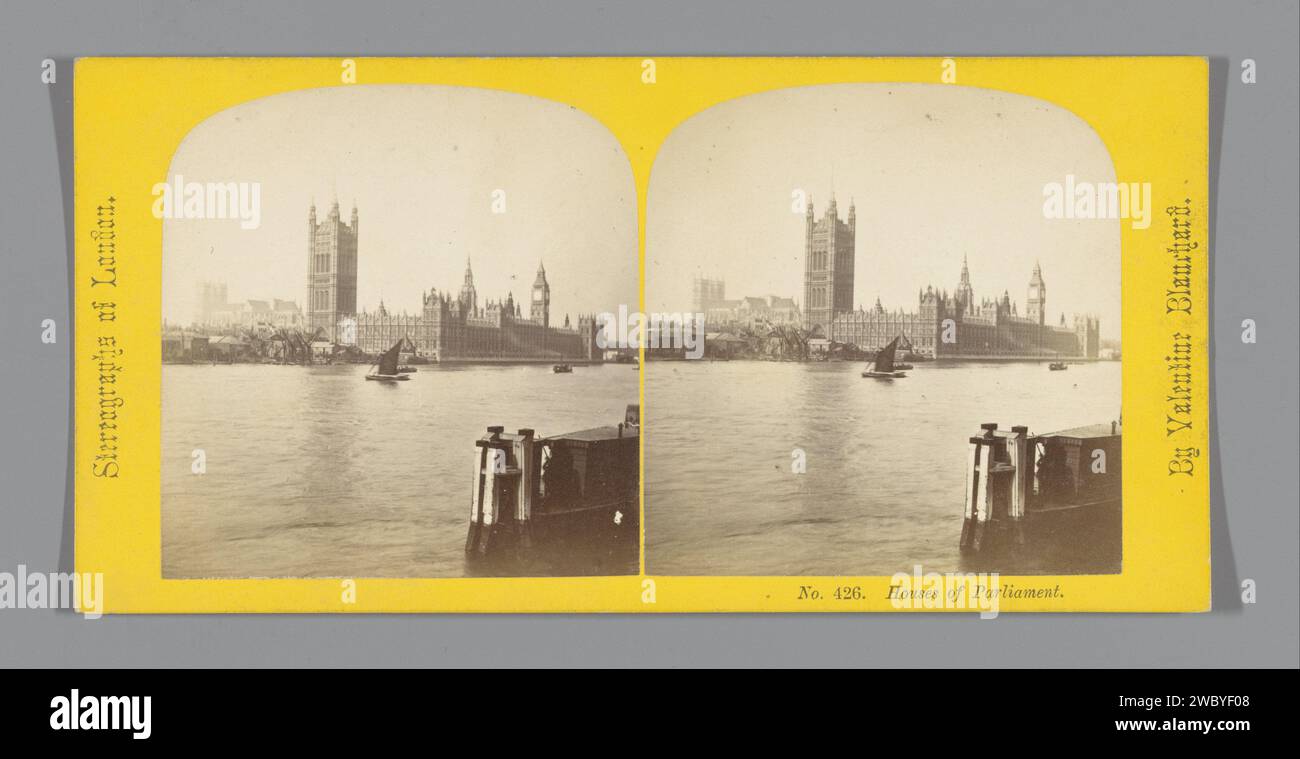 View of the Palace of Westminster, seen from the other side of the Thames, Valentine Blanchard, c. 1850 - c. 1880 stereograph  London cardboard. photographic support albumen print Lower House, Parliament, Chamber. façade (of house or building). river Houses of Parliament Stock Photo