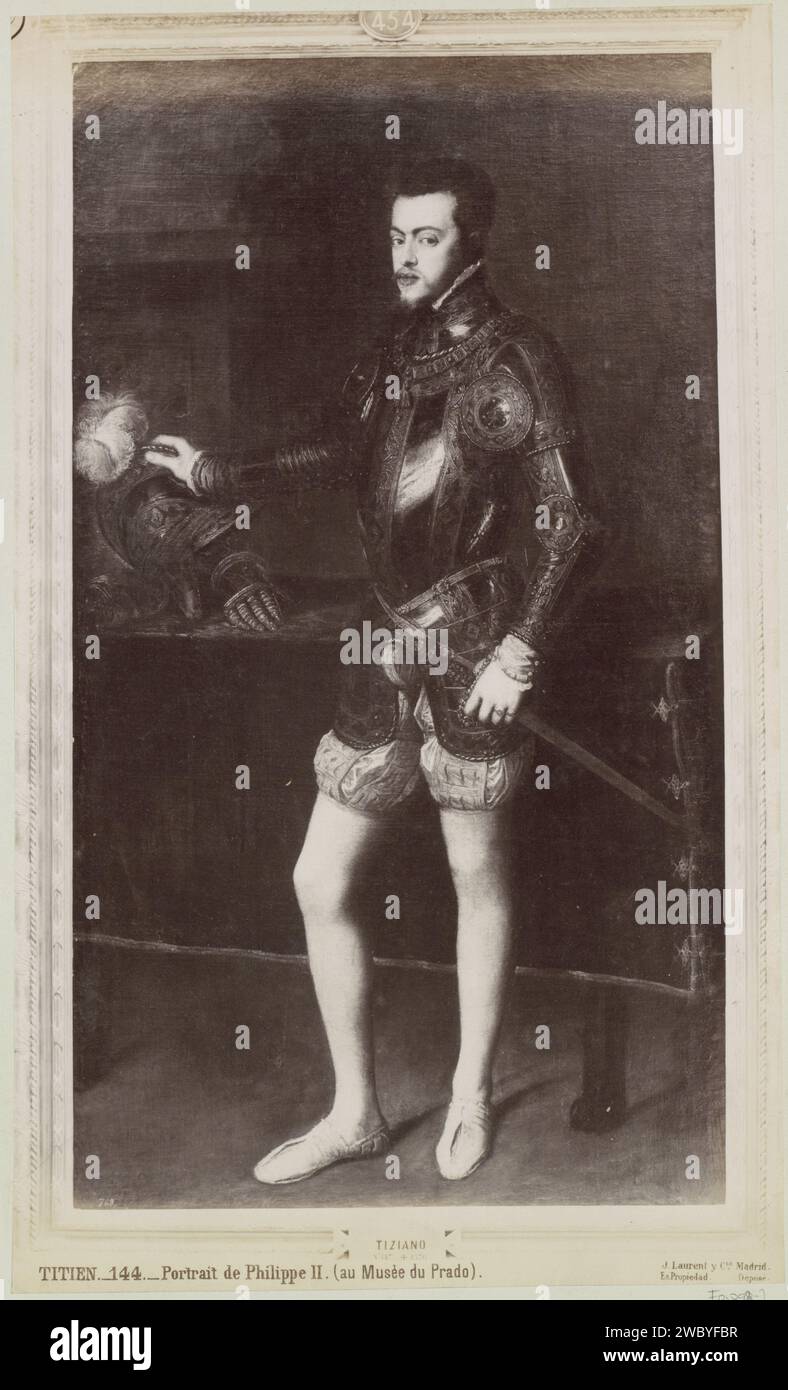 Photo production of a painting by Titian, representing a portrait of King Philip II of Spain, Juan Laurent, After Titian, c. 1857 - c. 1880 photograph Part of Reisalbum with photos of sights in Spain and Morocco. Madrid cardboard. paper. photographic support albumen print ruler, sovereign. armour Stock Photo