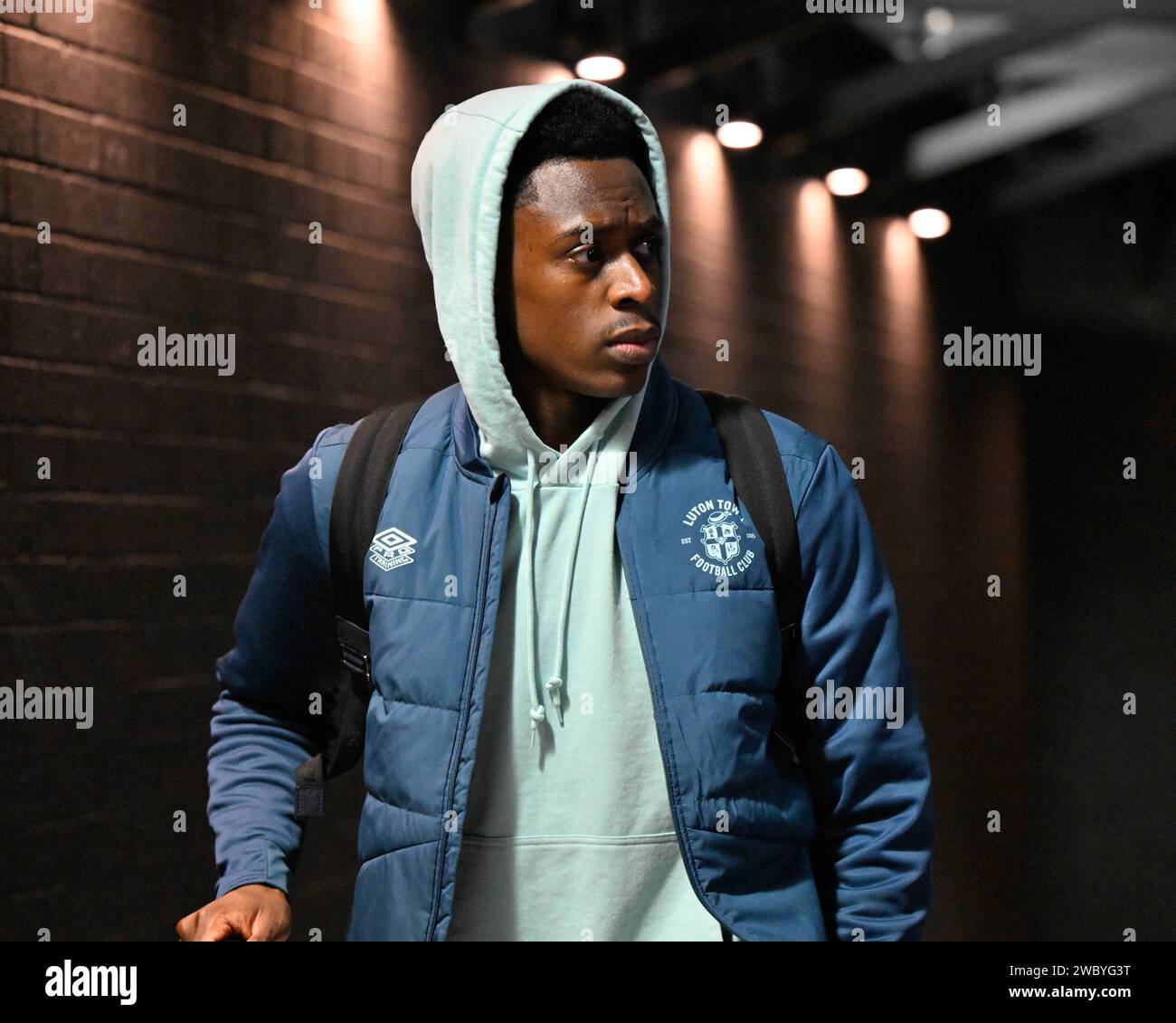 Burnley, UK. 12th Jan, 2024. Pelly Ruddock Mpanzu of Luton Town arrives ...