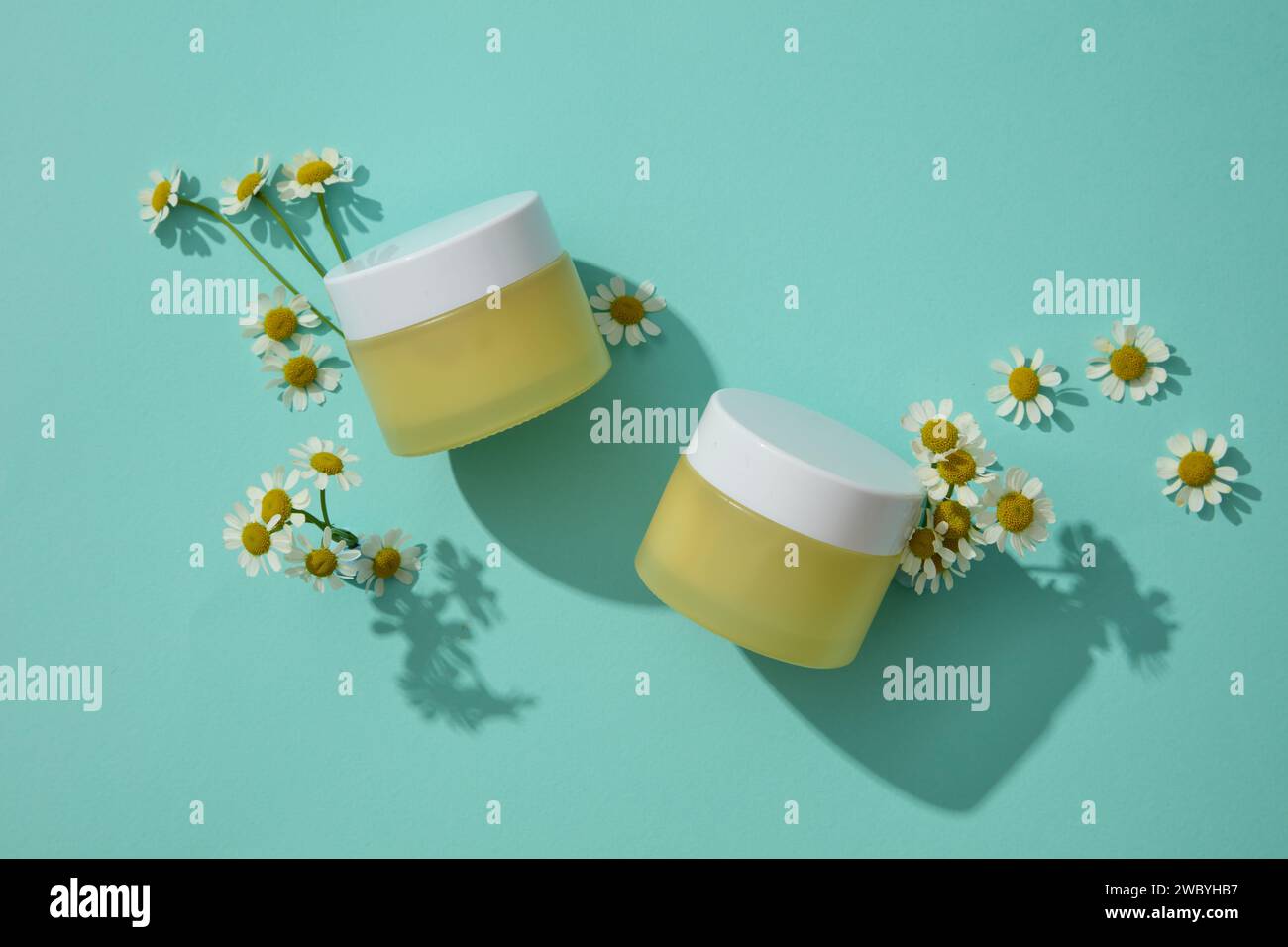 Blank label yellow jars and Chamomilla flowers featured on blue background. Chamomilla (Matricaria chamomilla) will effectively calm the soreness caus Stock Photo