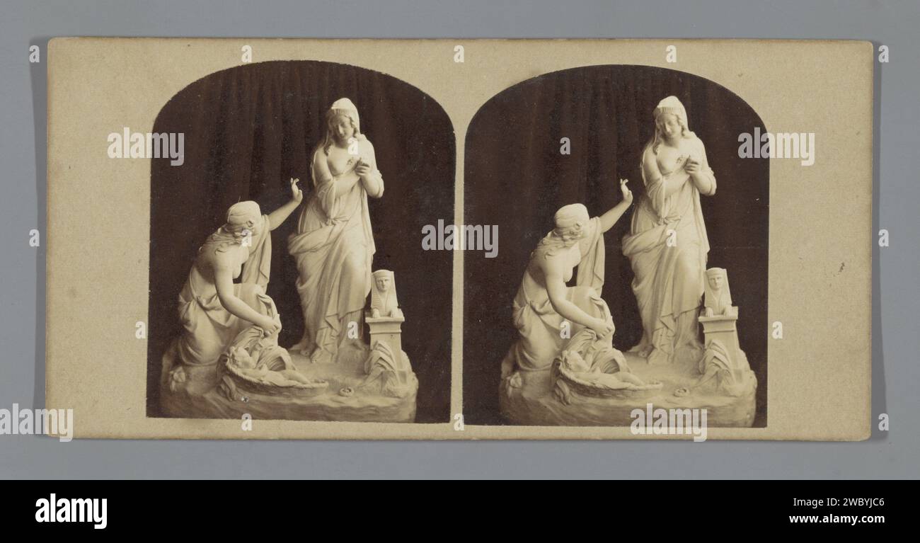 Sculpture of two women who find Moses in the Nile, Charles E. Goodman, c. 1855 - c. 1880 stereograph   photographic support. cardboard albumen print sculpture. the finding of Moses: Pharaoh's daughter comes to bathe with her maidens in the river and discovers the child floating on the water Nile Stock Photo
