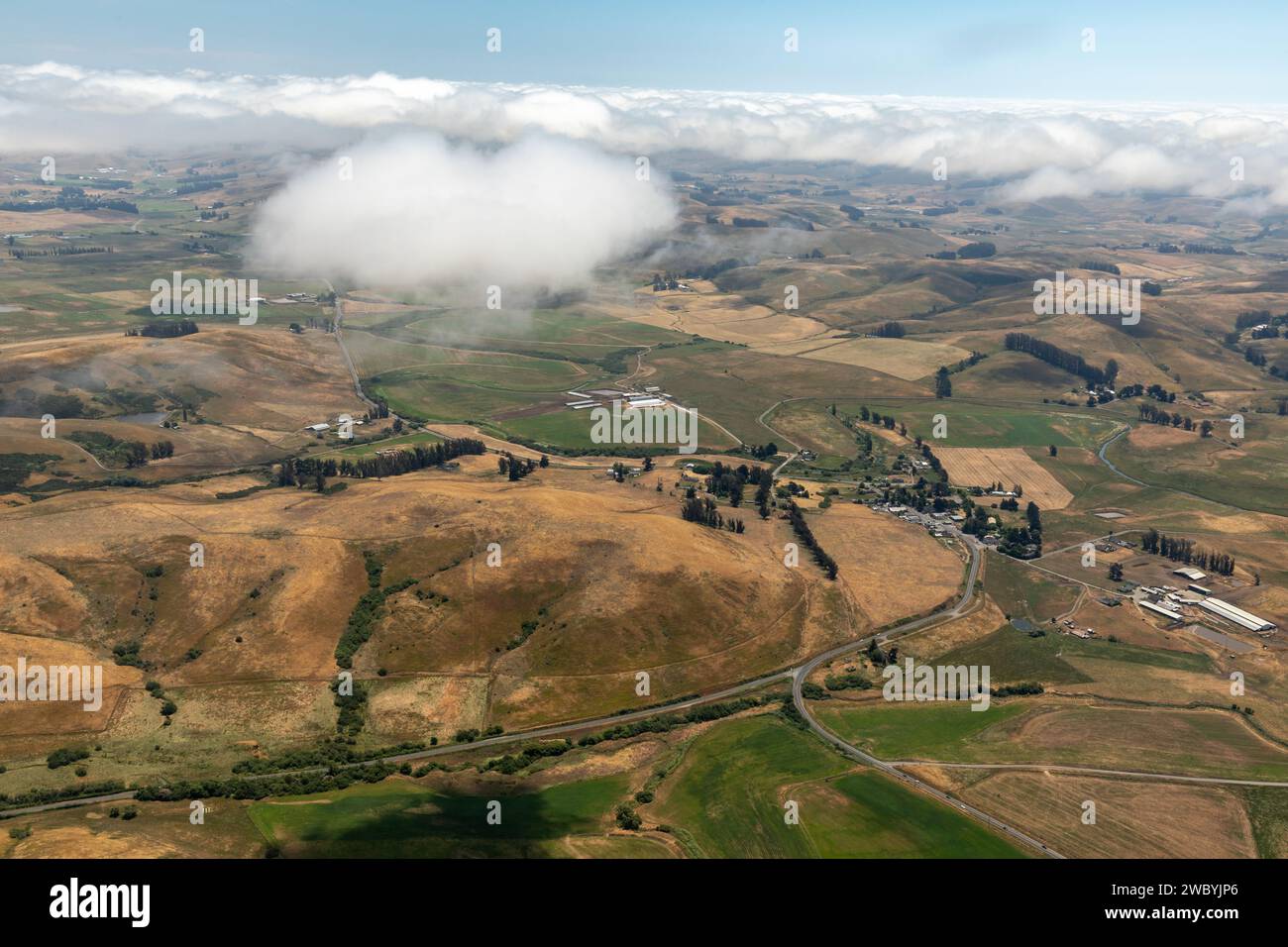 Aerial view of the colorful green pattern and relief of mountain ridges and rolling hills Stock Photo