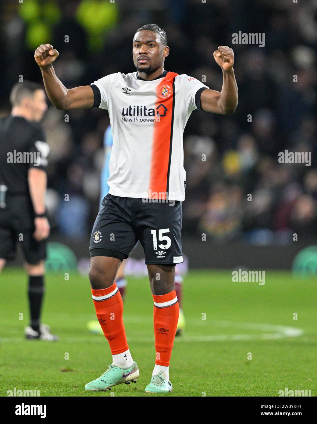 Burnley, UK. 12th Jan, 2024. Teden Mengi of Luton Town celebrates Luton