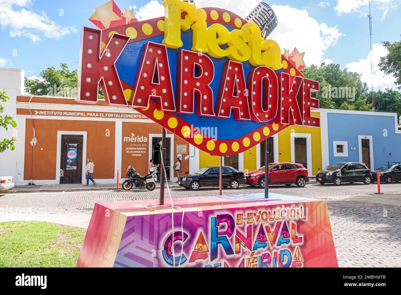 Merida Mexico,centro historico central historic district,Carnaval de Merida Fiesta Karaoke sign,carnival event Stock Photo