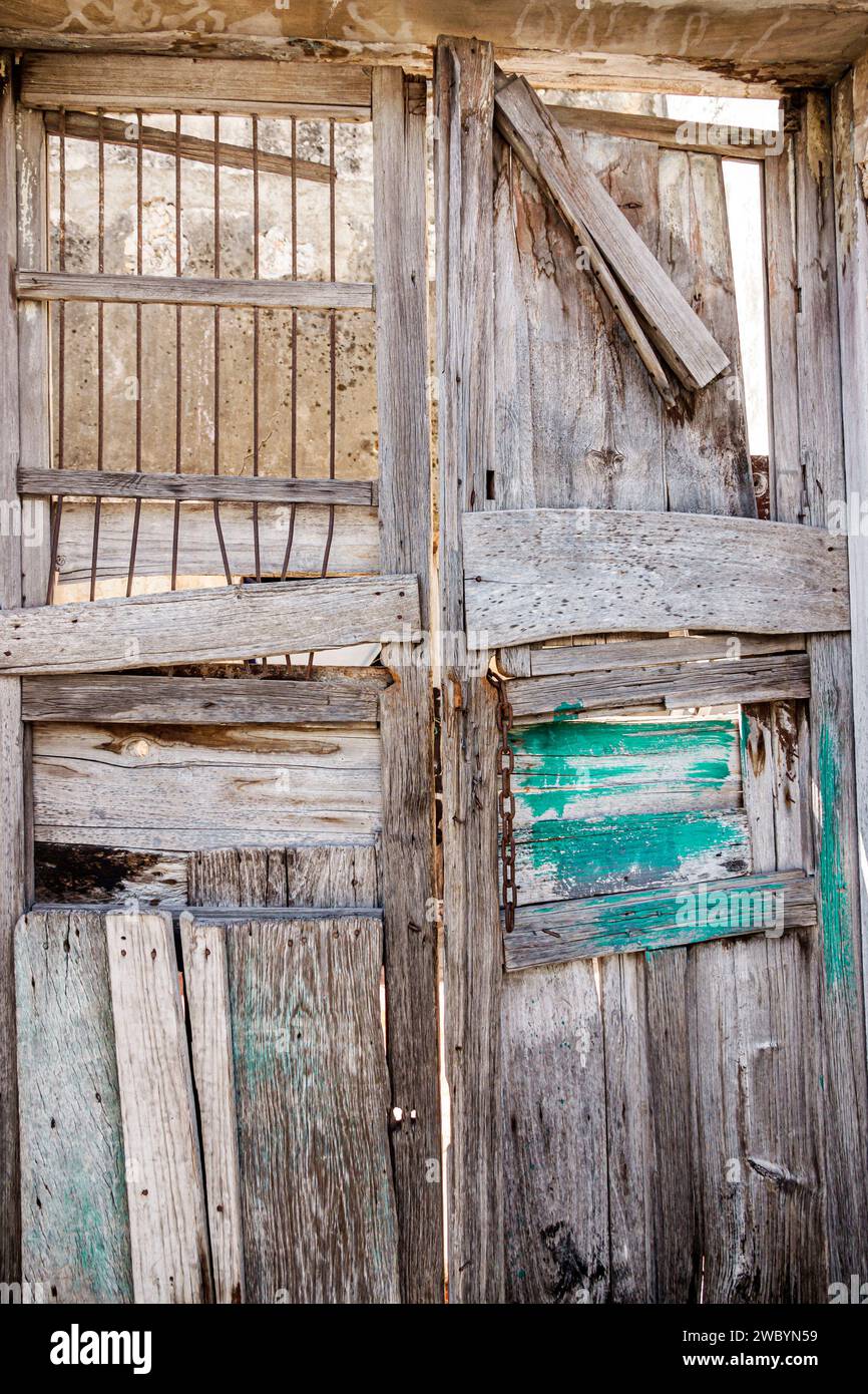 Merida Mexico,centro historico central historic district,old weathered aged wood wooden double doors,outside exterior,building front entrance Stock Photo