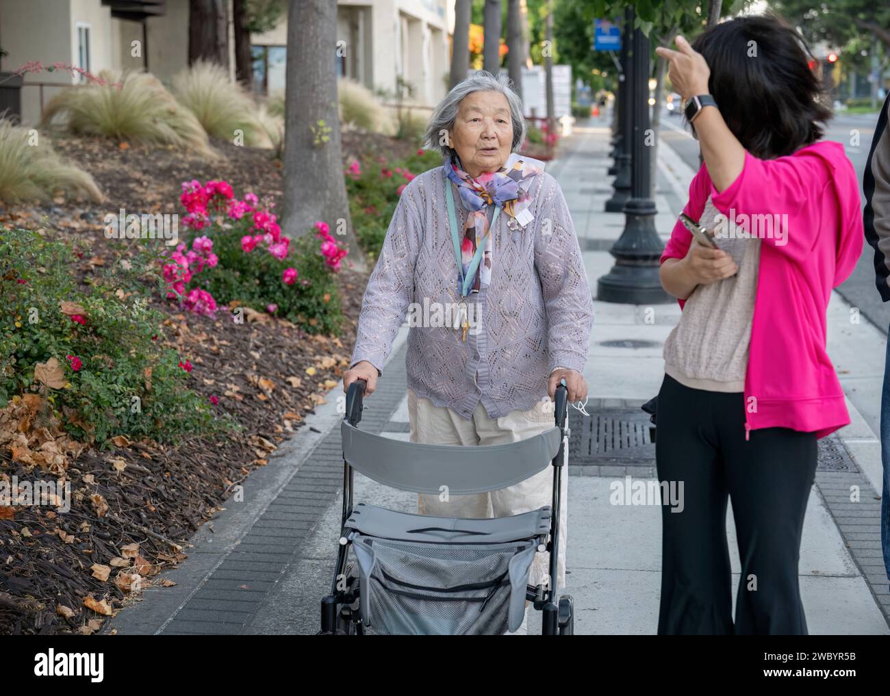 Senior woman walking using a mobility walker on the pedestrian footpath, chatting to her daughter. California. Stock Photo