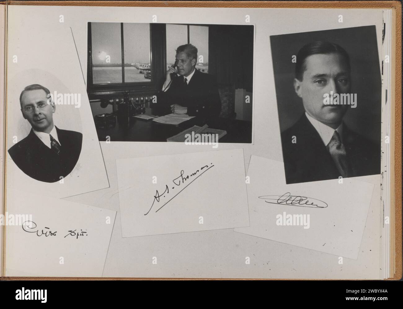 KLM staff and signatures, c. 1949 photograph. photomontage Album magazine with a composition photo of three KLM employees, including left Gijs Spit, and their signatures. Part of the memorial album of the Indies line of KLM, part II.  paper. photographic support. cardboard gelatin silver print airborne traffic, aviation. travelling; tourism. director, boss (in modern industry) Stock Photo