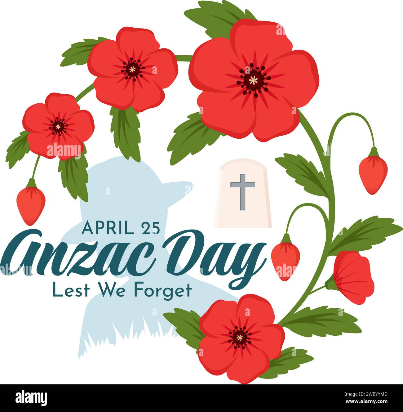 Anzac Day of Lest We Forget Vector Illustration on 25 April with Remembrance Soldier Paying Respect and Red Poppy Flower in Flat Cartoon Background Stock Vector
