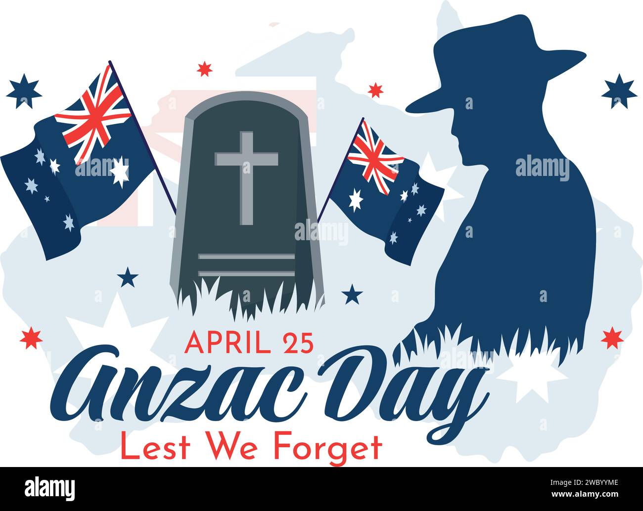 Anzac Day of Lest We Forget Vector Illustration on 25 April with Remembrance Soldier Paying Respect and Red Poppy Flower in Flat Cartoon Background Stock Vector