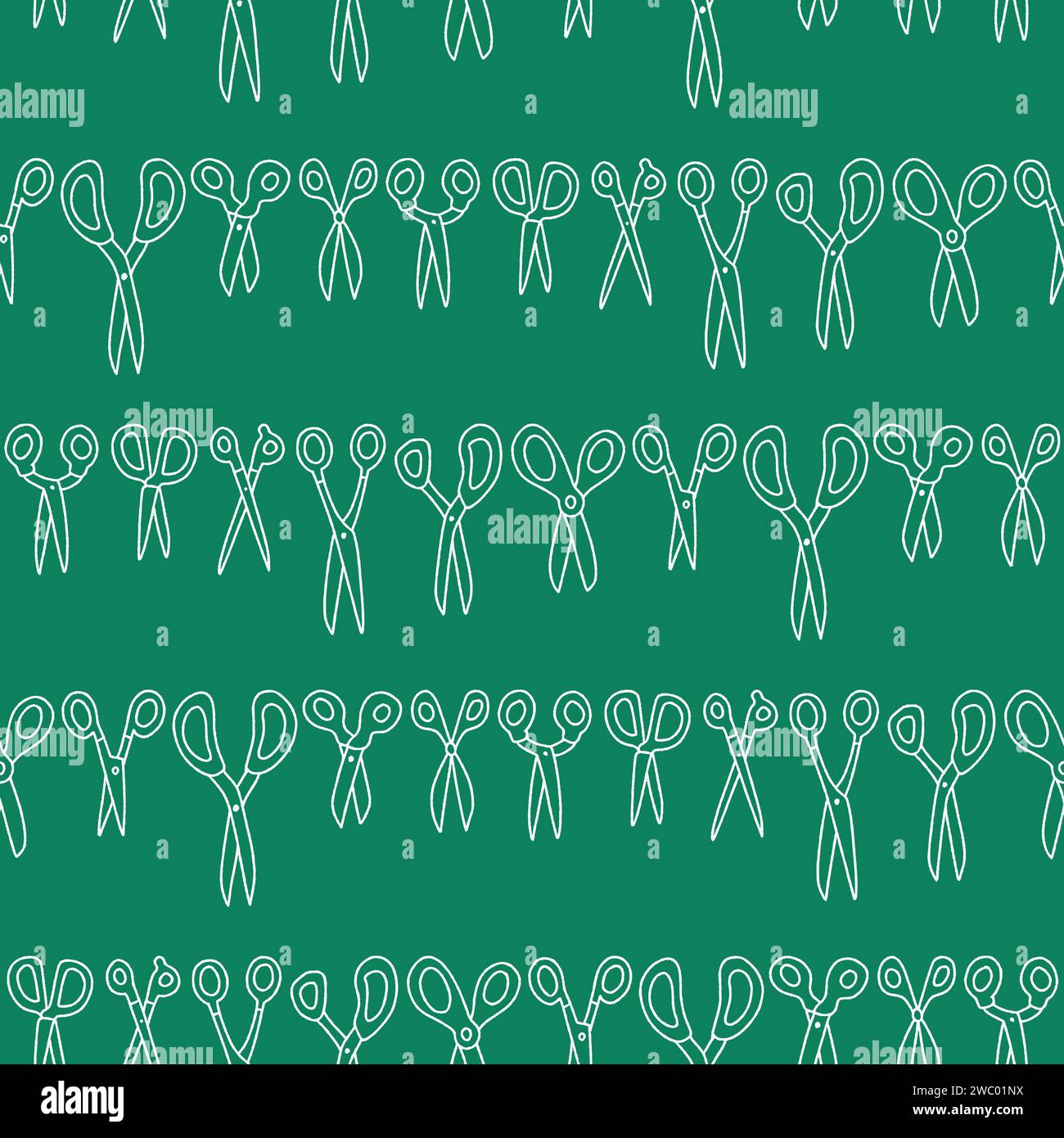 Vector Outline Scissors Seamless Pattern Illustration Green Background Stock Vector