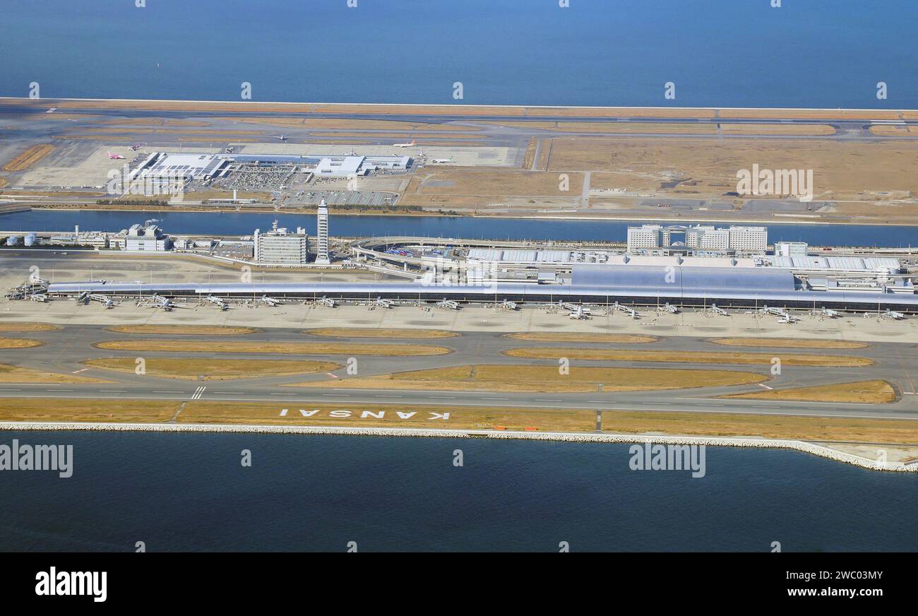 An aerial photo shows Kansai International Airport in Osaka Prefecture