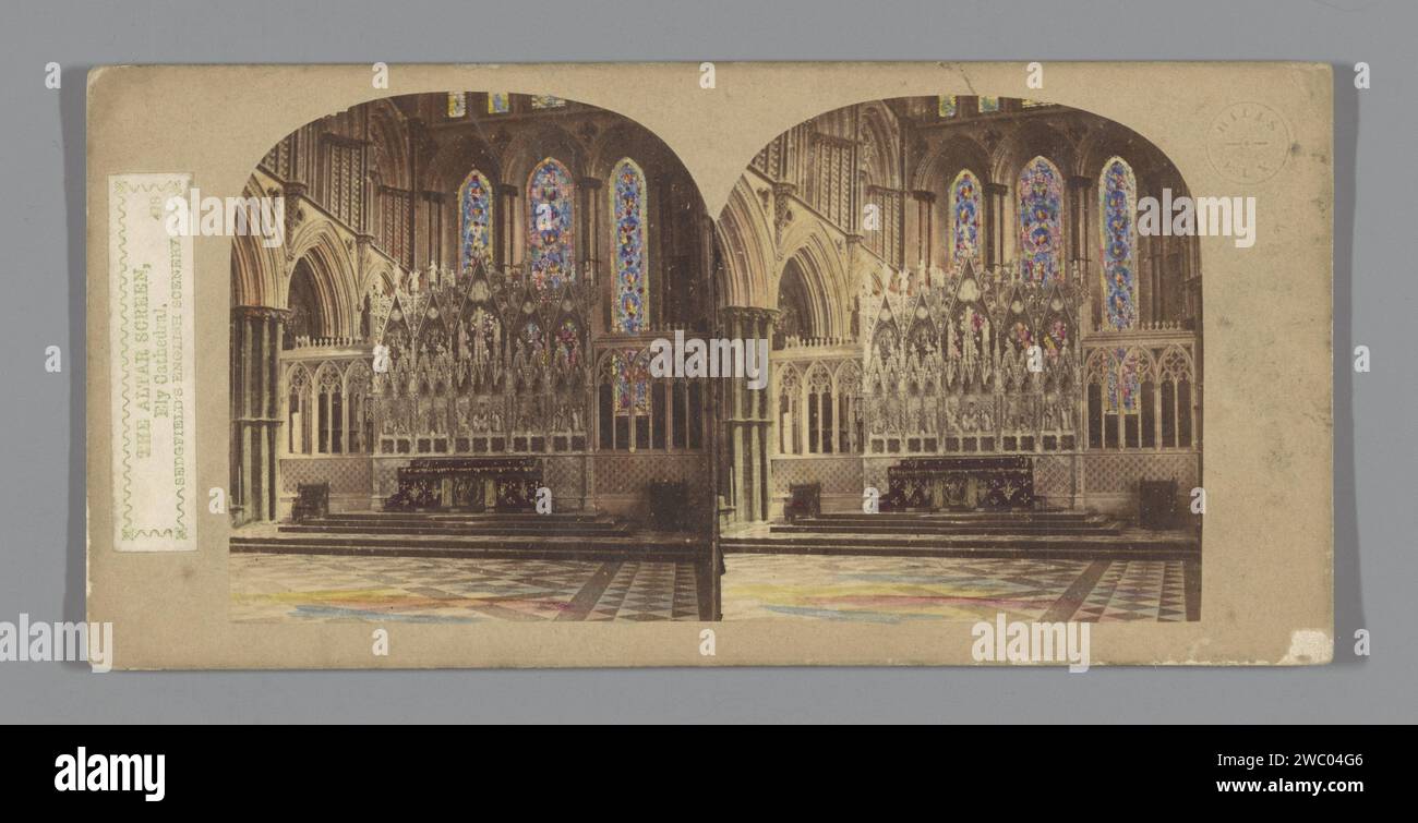 Retabel of the cathedral of Ely, William Russell Sedgfield, c. 1850 - c. 1880 stereograph  Cathedral of Ely cardboard. photographic support albumen print altar with dossel (dorsal), 'reredos', altar-screen, retable. parts of church interior: choir Cathedral of Ely Stock Photo