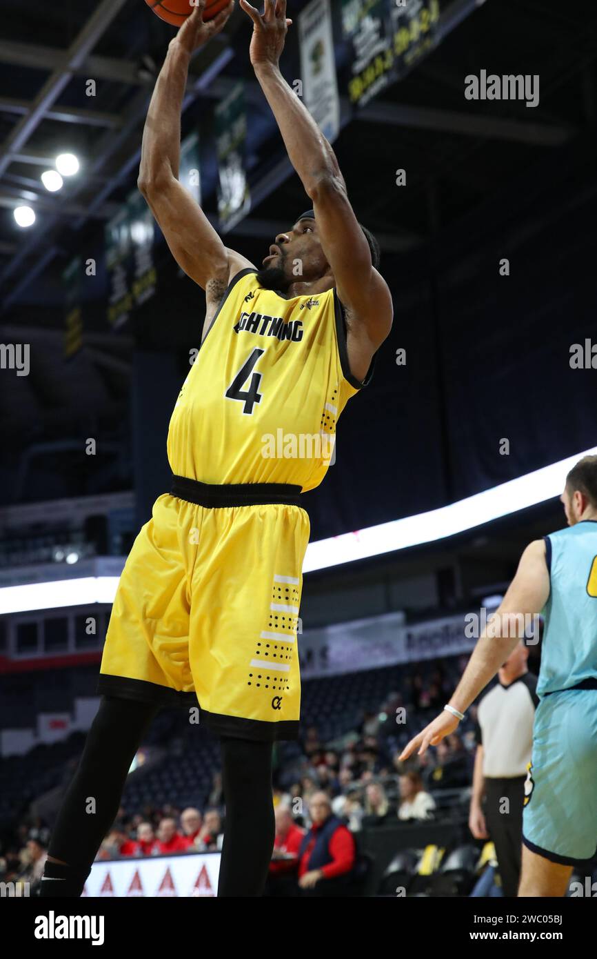 London Ontario Canada, Jan 11 2024. The London Lightning Defeat the Montreal Toundra 122-116 in the BSL. Jeremiah Mordi(4) of the London Lightning. Lu Stock Photo