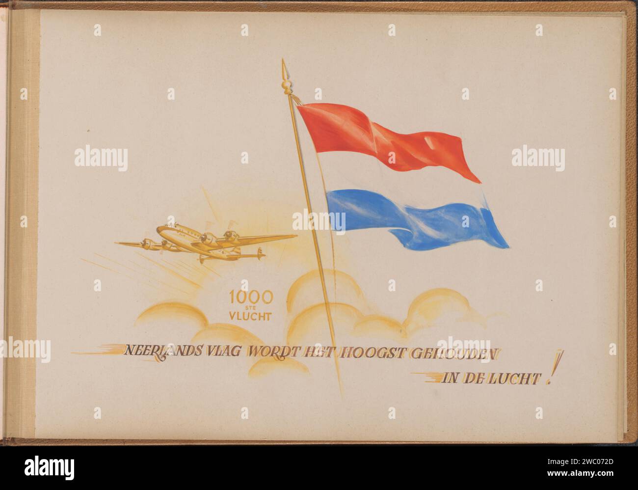 Dutch flag next to KLM device, c. 1949 drawing Album magazine with a drawing of a waving Dutch flag next to a KLM device above sun-drenched clouds. Below that the text '1000th flight' and 'Neerlands flag is kept the highest in the air!'. Part of the memorial album of the Indies line of KLM, part II.  paper. watercolor (paint). cardboard brush airborne traffic, aviation. travelling; tourism Stock Photo