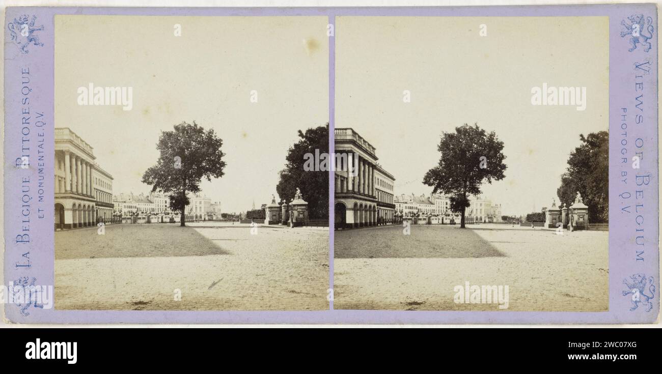 View of the Palaces Square with the Royal Palace of Brussels on the left, Jules Hippolyte Quéval, 1866 - 1870 stereograph  Brussels cardboard. paper albumen print square, place, circus, etc.. palace Palaces Square Stock Photo