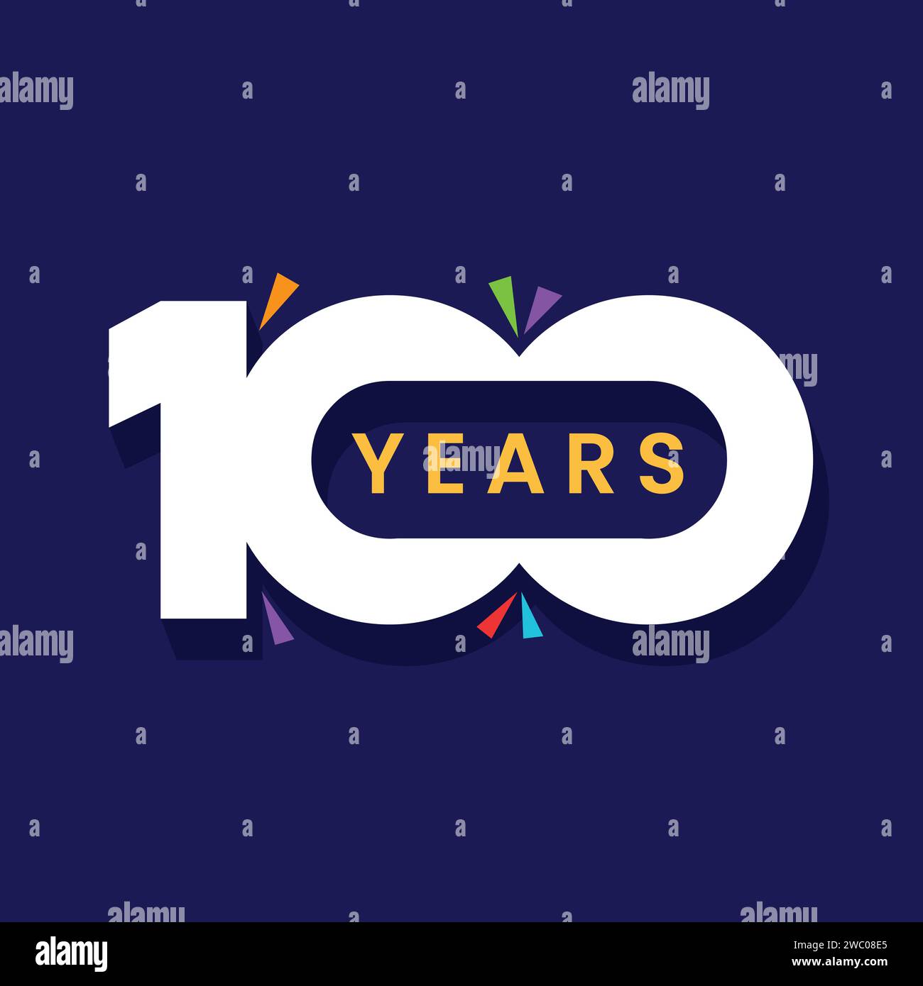 Celebration of 100 years anniversary template design. Party celebration banner, poster, greeting card. One hundred number sign. 100th year jubilee. Stock Vector