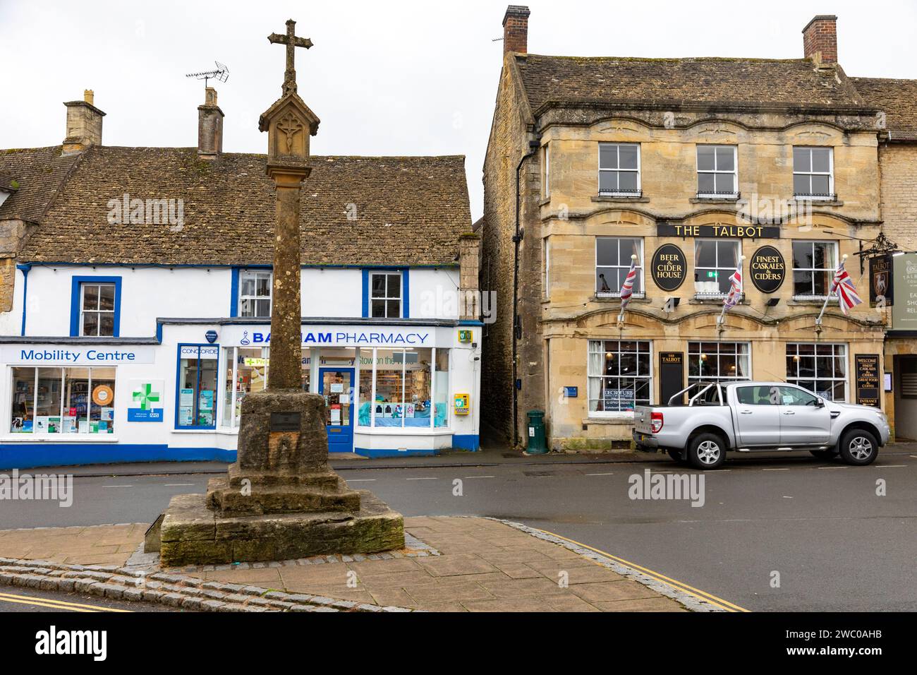 Stow on the Wold in the cotswolds, market town with The Talbot pub and local stores, remembrance