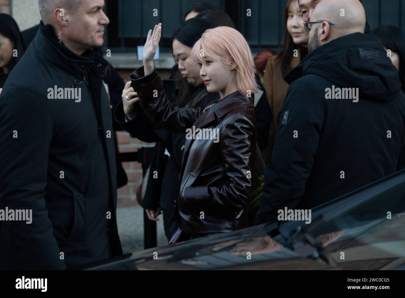 Milan, Italy. 12th Jan, 2024. IU is arriving at the ''Gucci Ancora