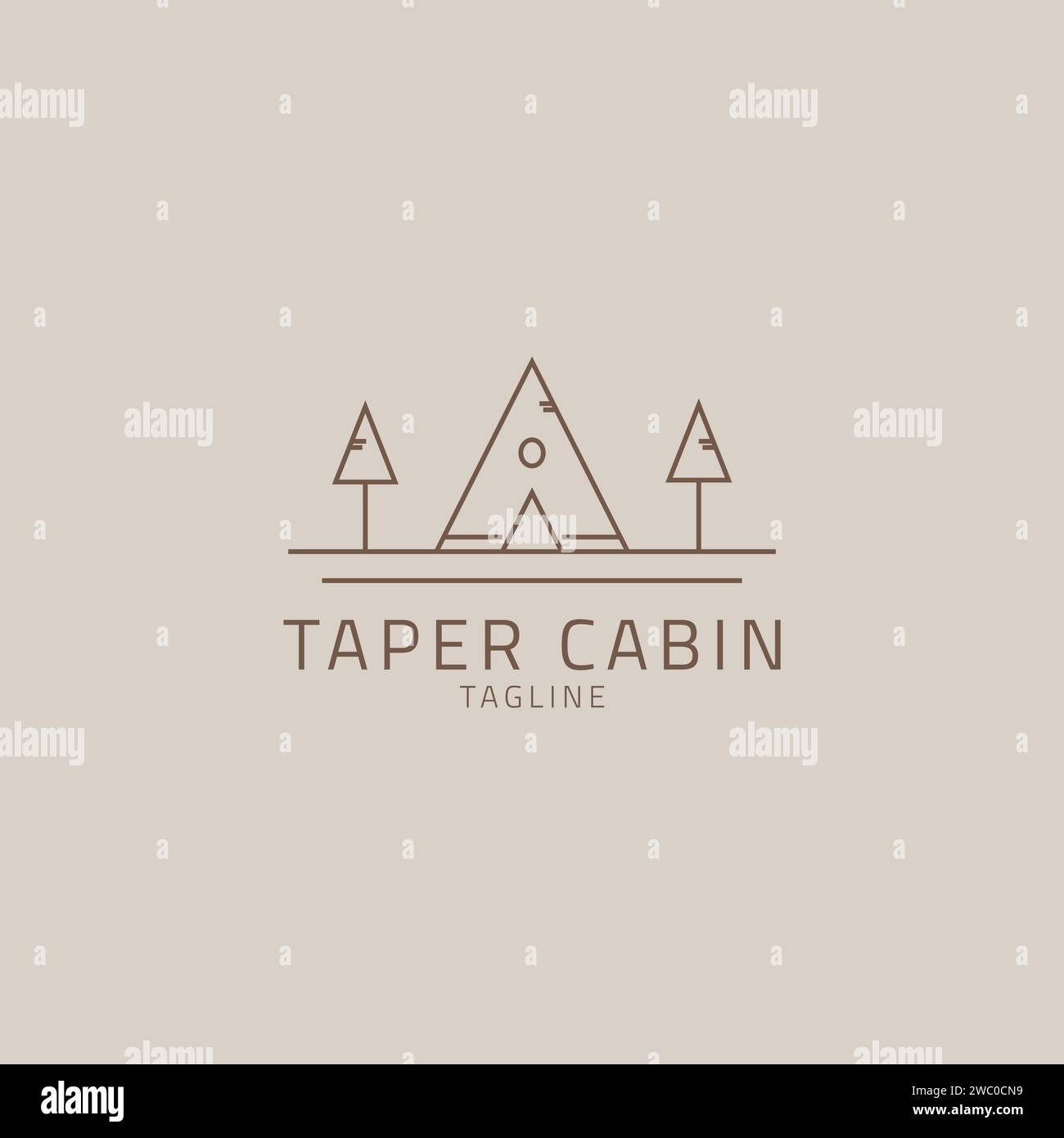 The cabin logo is in the form of a triangular tent with two trees beside it. Stock Vector