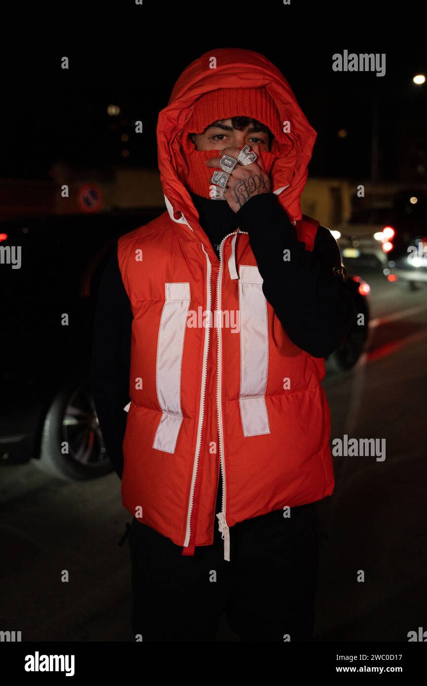 Milan, Italy. 12th Jan, 2024. Tony Effe is arriving at the Stone Island fashion show at Milan Fashion Week 2024. (Photo by Davide Vidotto/NurPhoto) Credit: NurPhoto SRL/Alamy Live News Stock Photo