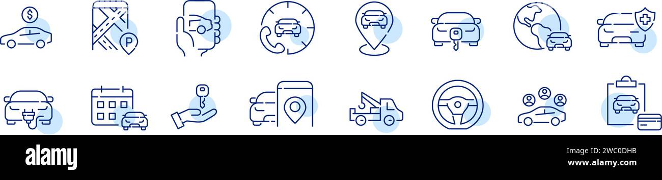 Set of car rent icons. Call centre support, car locations, calendar and card payment. Pixel perfect, editable stroke Stock Vector