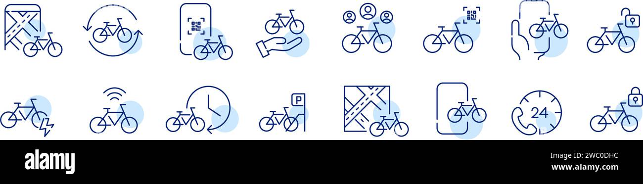 Bicycle icons. Bike sharing apps. Pixel perfect, editable stroke Stock Vector