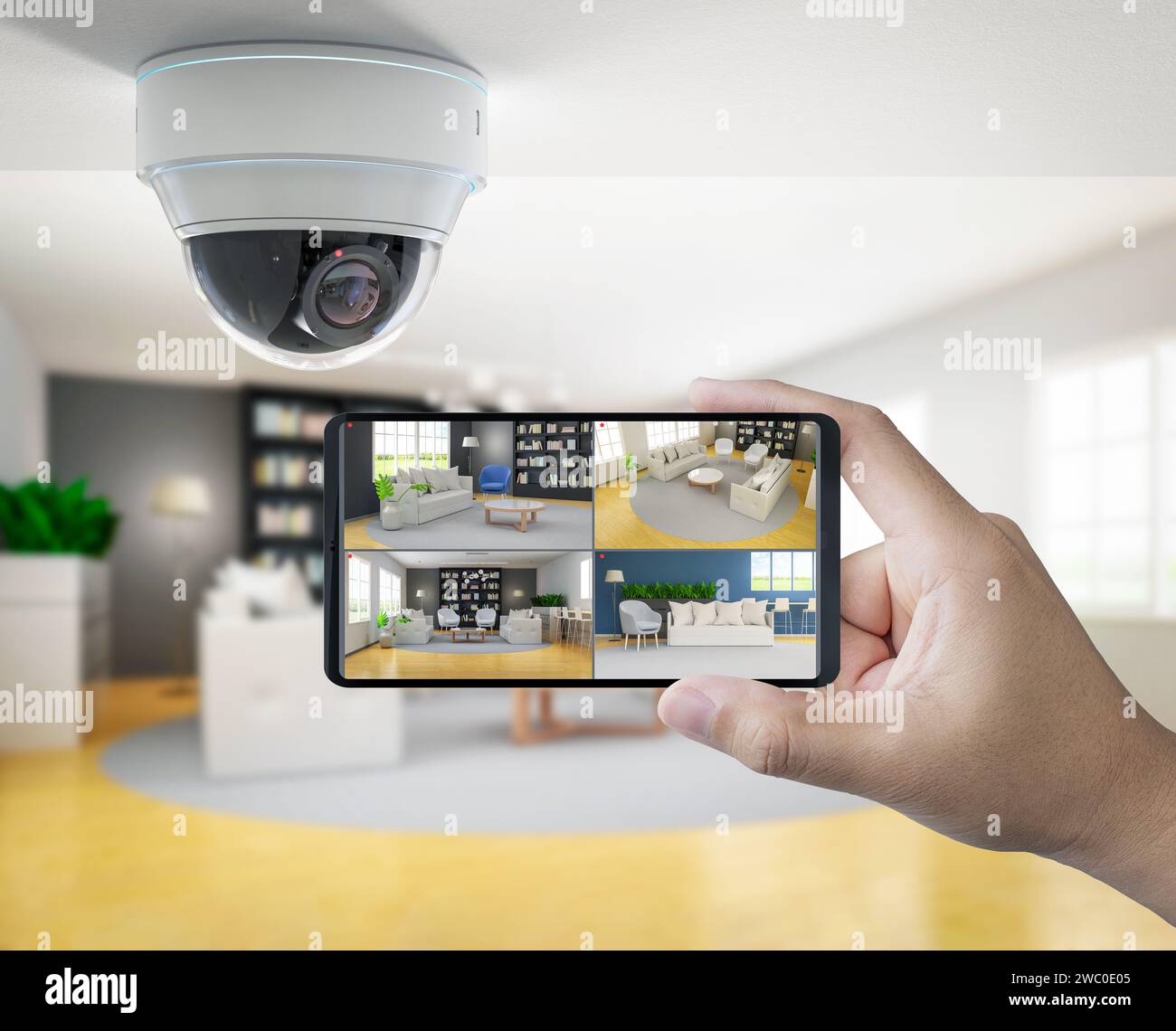 3d rendering mobile connect with home security camera Stock Photo
