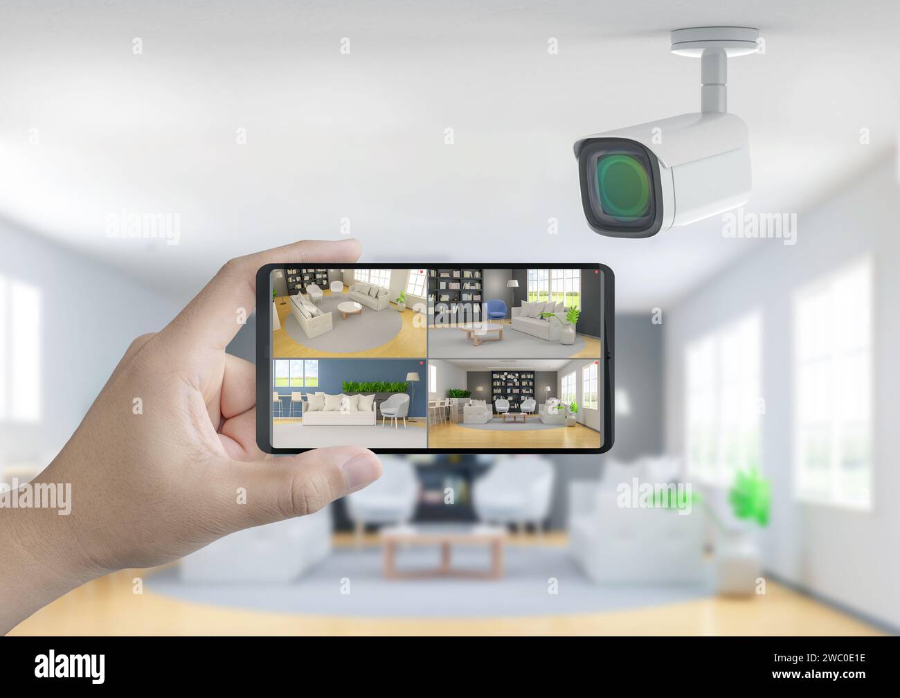 3d rendering mobile connect with home security camera Stock Photo